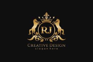 initial RJ Retro golden crest with circle and two horses, badge template with scrolls and royal crown - perfect for luxurious branding projects vector