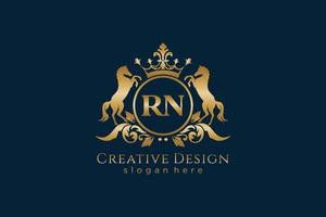 initial RN Retro golden crest with circle and two horses, badge template with scrolls and royal crown - perfect for luxurious branding projects vector