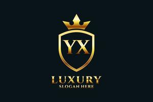 initial YX elegant luxury monogram logo or badge template with scrolls and royal crown - perfect for luxurious branding projects vector