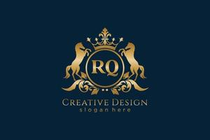initial RQ Retro golden crest with circle and two horses, badge template with scrolls and royal crown - perfect for luxurious branding projects vector
