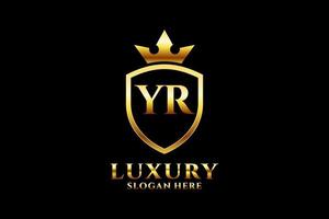 initial YR elegant luxury monogram logo or badge template with scrolls and royal crown - perfect for luxurious branding projects vector