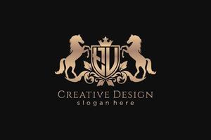 initial TU Retro golden crest with shield and two horses, badge template with scrolls and royal crown - perfect for luxurious branding projects vector