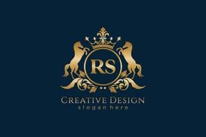 initial RS Retro golden crest with circle and two horses, badge template with scrolls and royal crown - perfect for luxurious branding projects vector