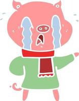 crying pig flat color style cartoon wearing human clothes vector