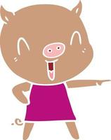 happy flat color style cartoon pig in dress vector