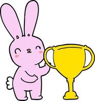 lindo conejo de dibujos animados con copa de trofeo deportivo vector