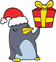 cartoon penguin with christmas present vector