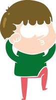 flat color style cartoon curious boy rubbing eyes in disbelief vector