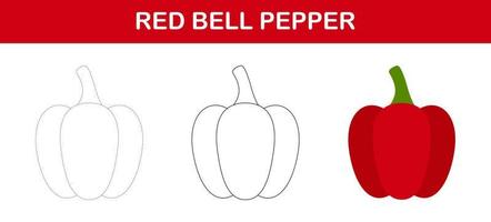 Red Bell Pepper tracing and coloring worksheet for kids vector