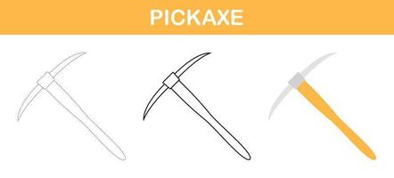 Pickaxe tracing and coloring worksheet for kids vector