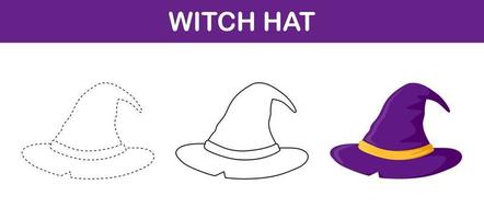 Witch Hat tracing and coloring worksheet for kids vector