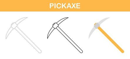 Pickaxe tracing and coloring worksheet for kids vector