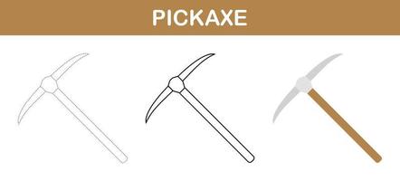 Pickaxe tracing and coloring worksheet for kids vector