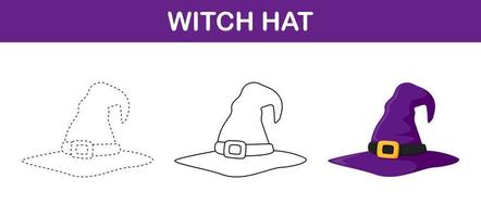 Witch Hat tracing and coloring worksheet for kids vector