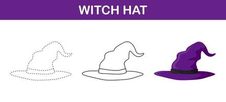 Witch Hat tracing and coloring worksheet for kids vector