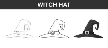 Witch Hat tracing and coloring worksheet for kids vector