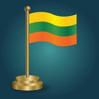 Lithuanian national flag on golden pole on gradation isolated dark background. table flag, vector illustration