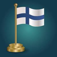 Finland national flag on golden pole on gradation isolated dark background. table flag, vector illustration