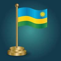 Rwanda national flag on golden pole on gradation isolated dark background. table flag, vector illustration