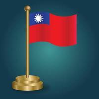 Taiwan national flag on golden pole on gradation isolated dark background. table flag, vector illustration