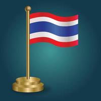 Thailand national flag on golden pole on gradation isolated dark background. table flag, vector illustration