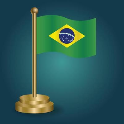 Brazil national flag on golden pole on gradation isolated dark background. table flag, vector illustration
