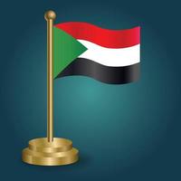 Sudan national flag on golden pole on gradation isolated dark background. table flag, vector illustration