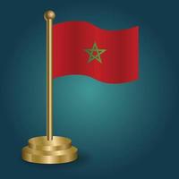 Morocco national flag on golden pole on gradation isolated dark background. table flag, vector illustration