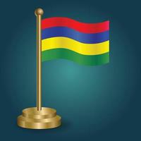 Mauritius national flag on golden pole on gradation isolated dark background. table flag, vector illustration