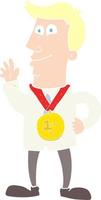 flat color illustration of a cartoon waving man with award vector