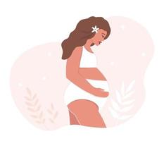 Young beautiful pregnant woman in profile. Waiting for a child. A girl with a big belly in underwear. Vector graphics.