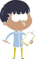 flat color style cartoon curious boy taking notes vector