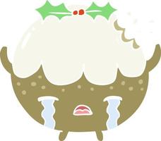 flat color style cartoon christmas pudding crying vector