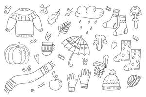 Set of autumn accessories in black and white outline. Coloring pages. Doodle style. Hello, Autumn. Design or sticker. Isolated vector illustration