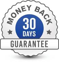 Insignia de garantía de devolución de dinero de 30 días con gradiente de color plateado aislado en fondo blanco. diseño vectorial vector