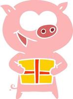 cheerful pig with christmas gift vector