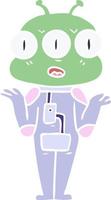 flat color style cartoon three eyed alien shrugging vector