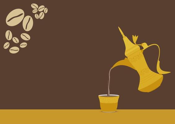 Editable Pouring Arab Coffee From Dallah Pot Into Finjan Cup Vector Illustration With Beans Silhouette for Text Background of Middle Eastern Culture Tradition Cafe and Islamic Moments Related Design
