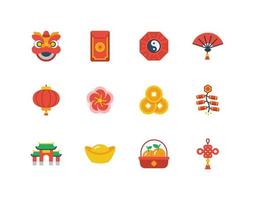 Chinese lunar new year flat color icon set with China related icons vector