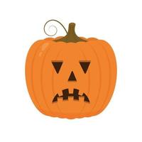 Halloween Pumpkin with scary face icon isolated on white. Cute cartoon Jack-o'-Lantern. Halloween party decorations. Easy to edit vector template.