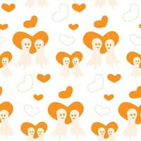 Pattern for Halloween with two ghosts in love and heart shapes in trendy orange shades. Isolate vector