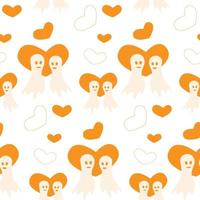 Pattern for Halloween with two ghosts in love and heart shapes in trendy orange shades. Isolate vector