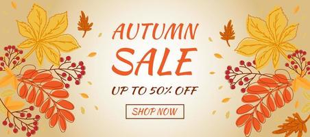 Autumn sale banner. Hello autumn. Autumn leaves and rowan berry. vector