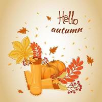 Hola otoño. hojas de otoño, rama con bayas de serbal en botas de goma. pancarta, postal, afiche. vector