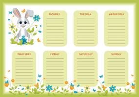 School weekly and daily planner with cute little rabbit or hare. vector