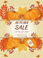 Autumn sale banner. Hello autumn. Autumn leaves, pumpkin and rowan berry. vector