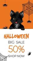 Happy Halloween sale banner or flyer. Cute black kitten with spiders and spiderweb. vector