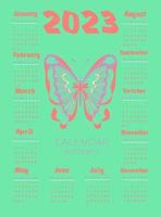 Calendar 2023 with butterfly in zentangle style. Week starts on Monday. vector
