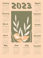 Calendar 2023 with abstract plants. Week starts on Sanday. A set of 12 pages and cover in size A3, A4, A5. Vector illustration in vertical format.