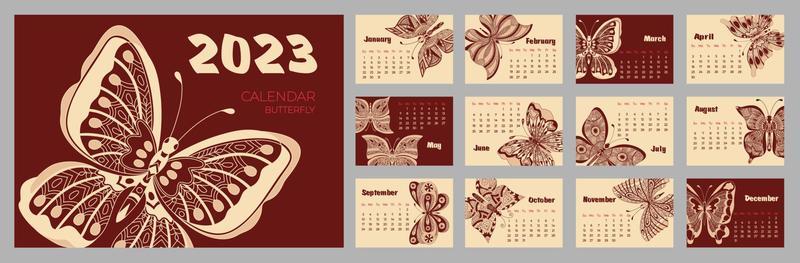 Calendar 2023 with butterfly in zentangle style. Week starts on Sunday.